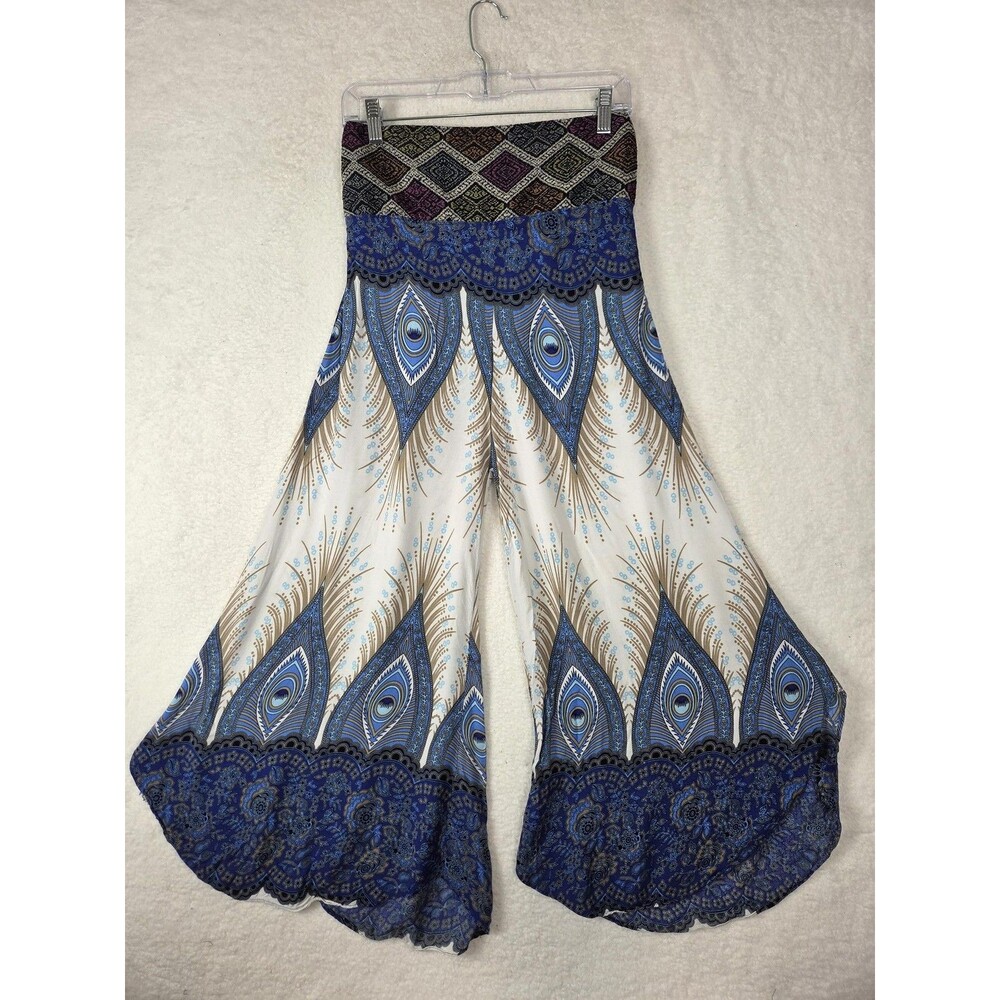 Womens Boho‎ Peacock Print Harem Pants M Blue Wide Leg Gypsy Festival Hippie S/M